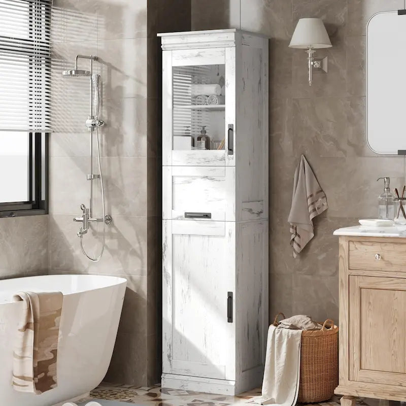 Mobiletto alto da bagno, armadietto salvaspazio stretto con ante e ripiani regolabili