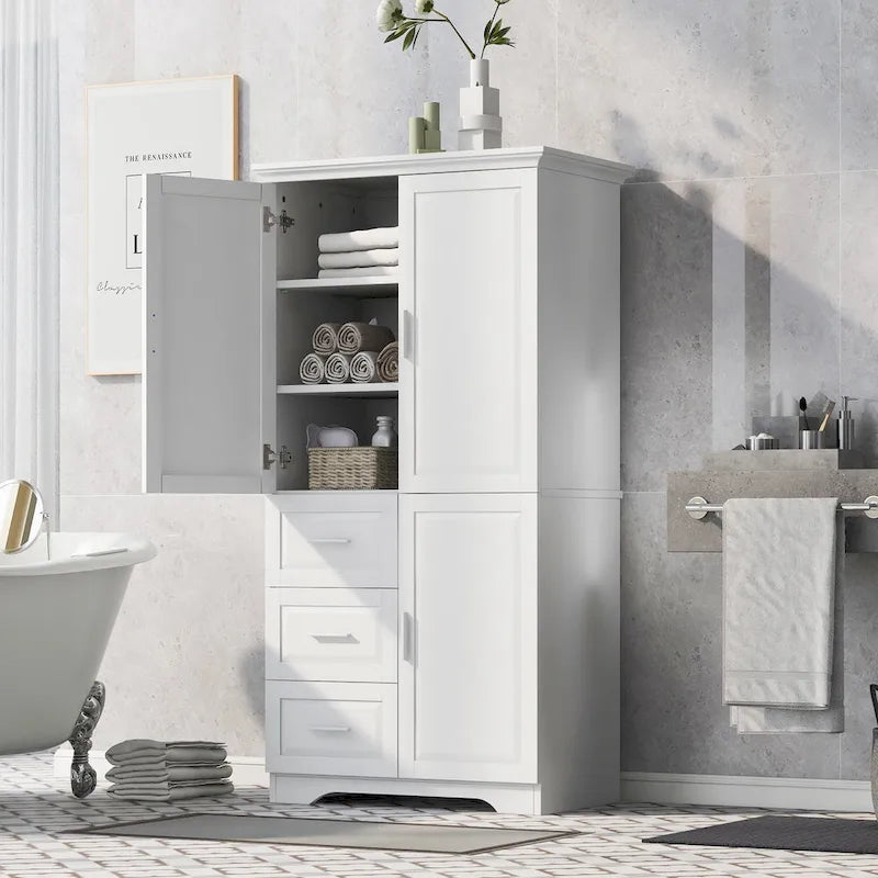 Armadio da bagno alto con ante, tre cassetti