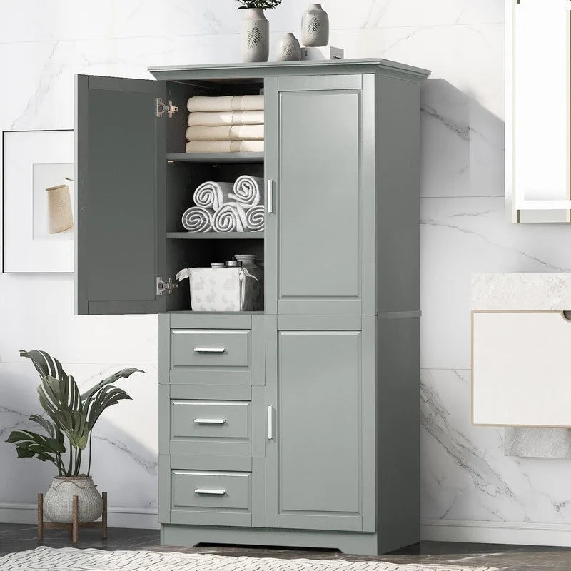 Armadio da bagno alto con ante, tre cassetti