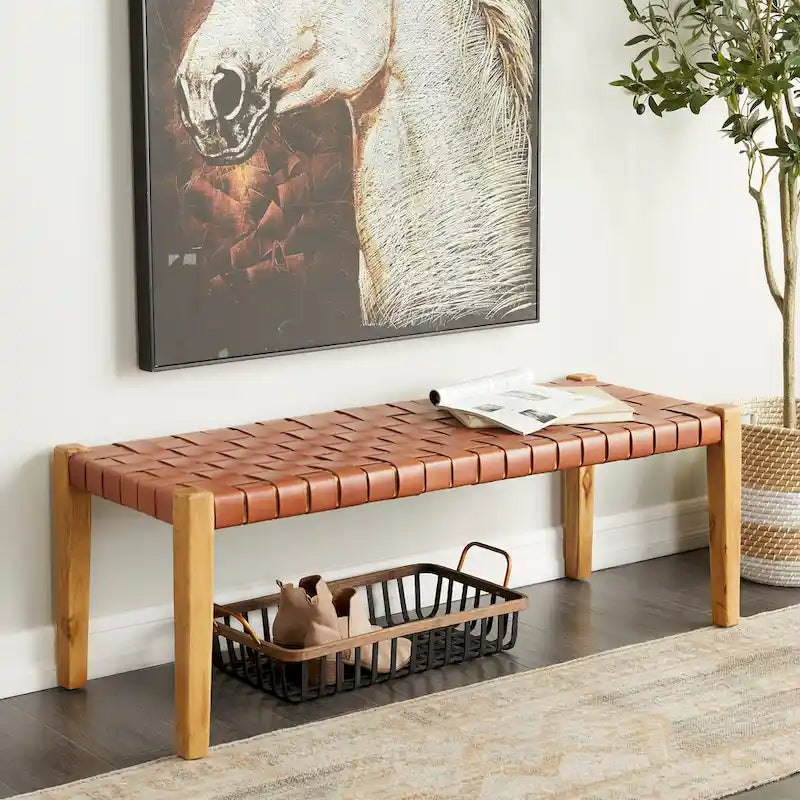 Panca in pelle intrecciata fatta a mano nera o marrone - 47 x 18 x 17