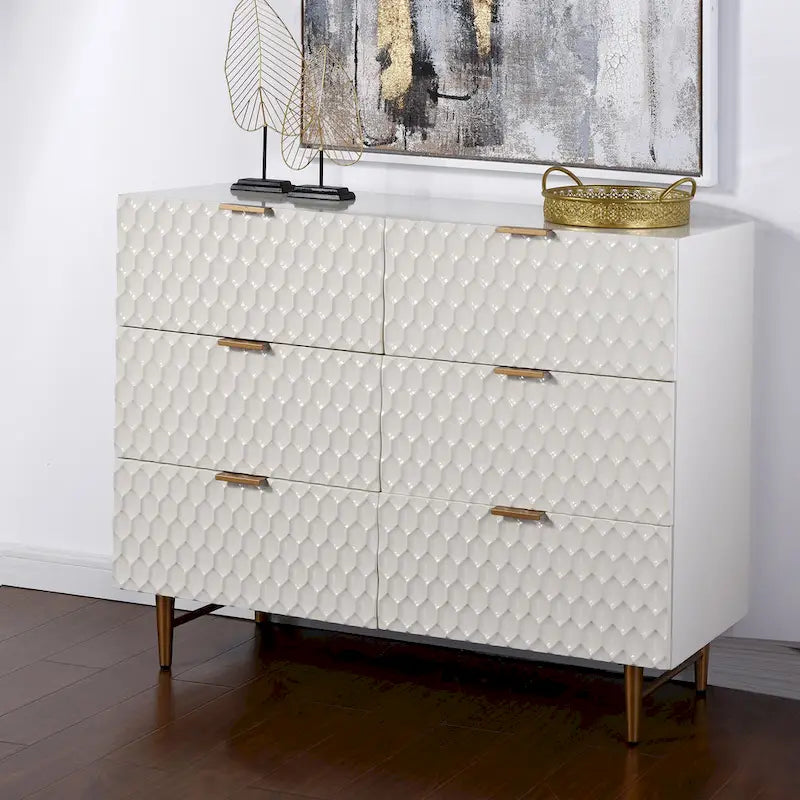 Cassettiera di Design a Sei Cassetti con Maniglie Dorate - Finitura Crema e Oro