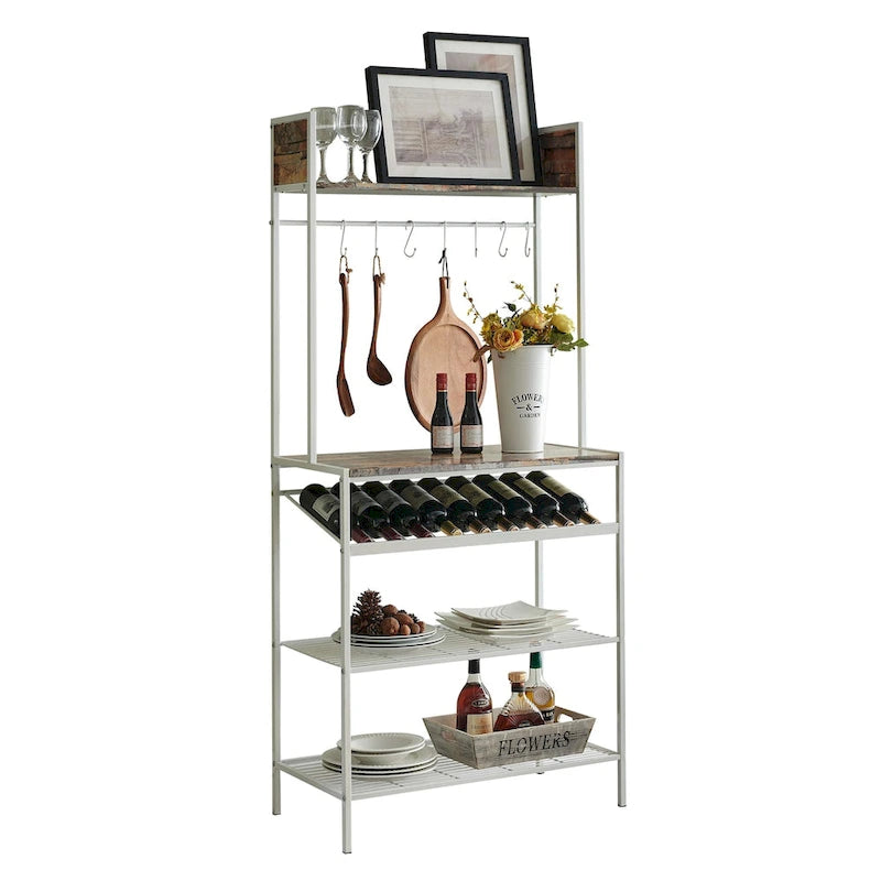 Scaffale da Panettiere a Mattonelle Rosse con Portabottiglie da 9 Bottiglie e 8 Ganci - Organizer da Cucina, Bianco