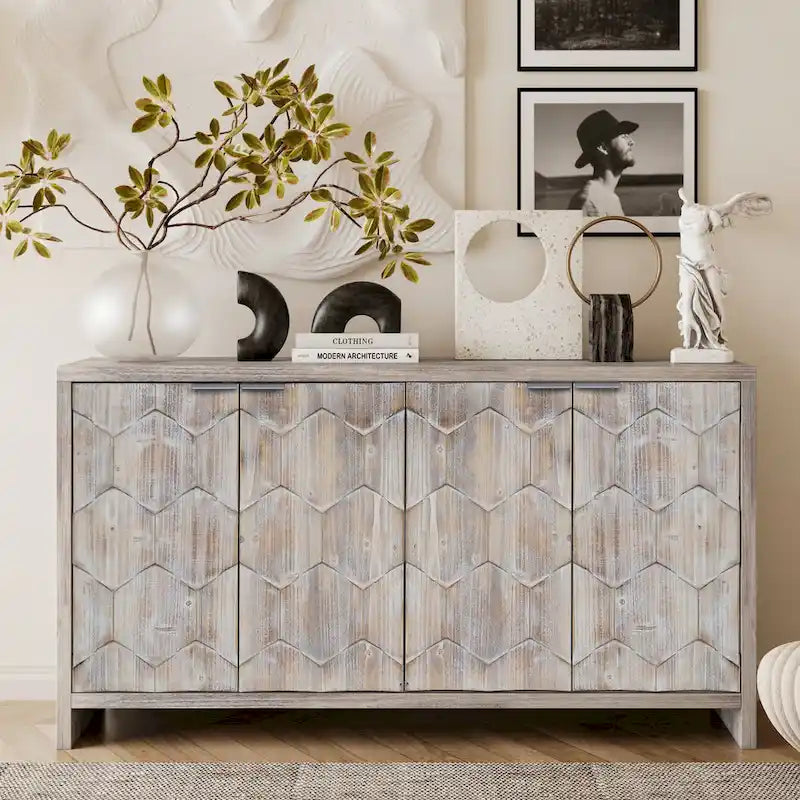 Mobiletto d'accento in stile rustico a 4 ante, mobile credenza in legno, buffet, server, mobile contenitore