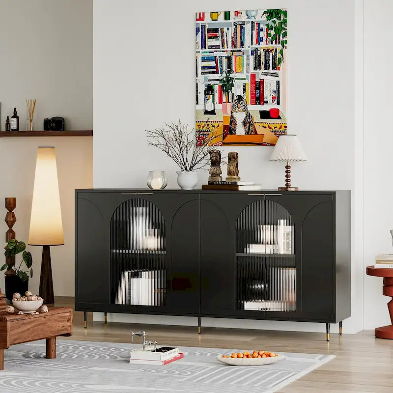 Mobile Credenza Laccato in Legno con 4 Ante in Vetro Buffet Contenitore