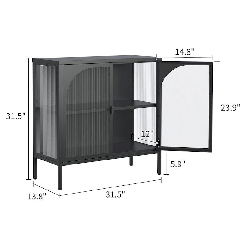 Madia in metallo, Credenza con 2 ante in vetro, Mobile bar con ripiani regolabili capacità 90 kg