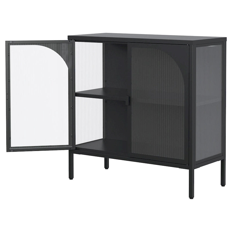 Madia in metallo, Credenza con 2 ante in vetro, Mobile bar con ripiani regolabili capacità 90 kg