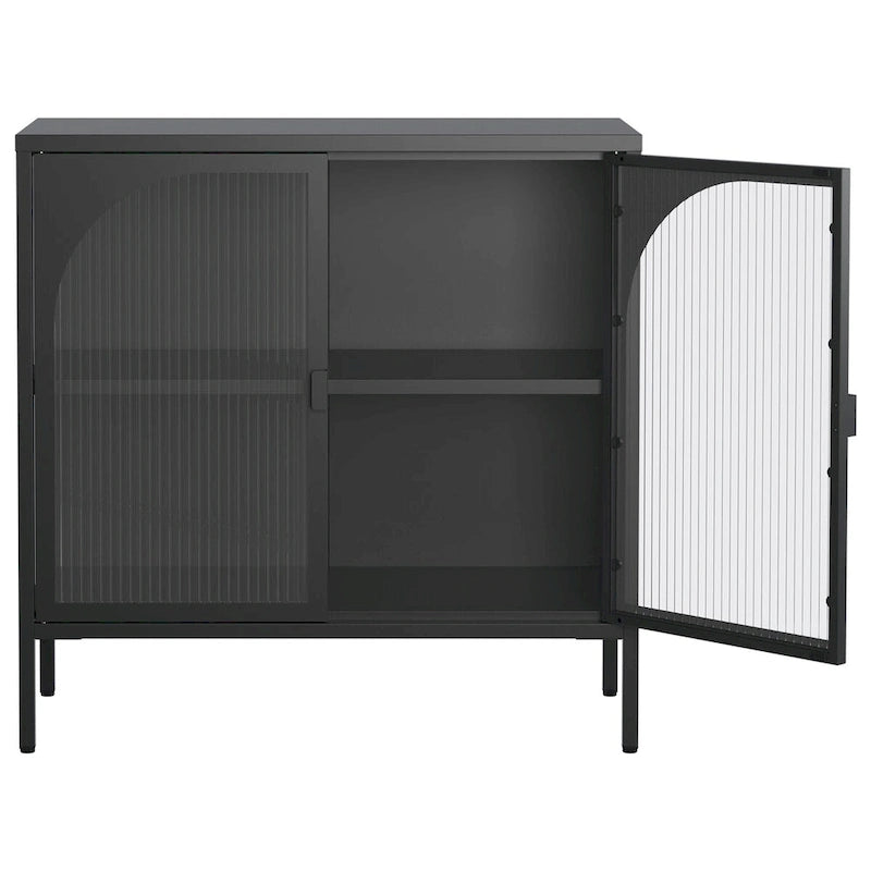 Madia in metallo, Credenza con 2 ante in vetro, Mobile bar con ripiani regolabili capacità 90 kg