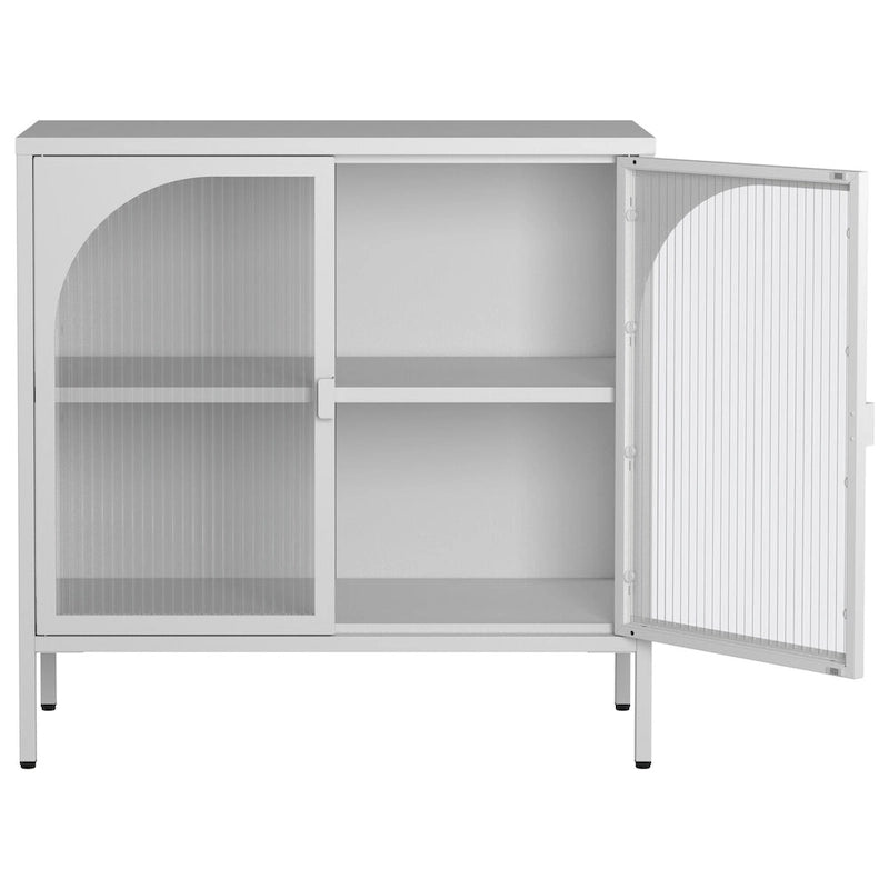 Madia in metallo, Credenza con 2 ante in vetro, Mobile bar con ripiani regolabili capacità 90 kg