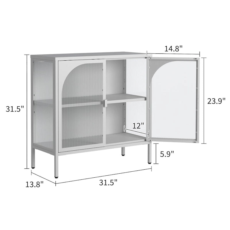 Madia in metallo, Credenza con 2 ante in vetro, Mobile bar con ripiani regolabili capacità 90 kg