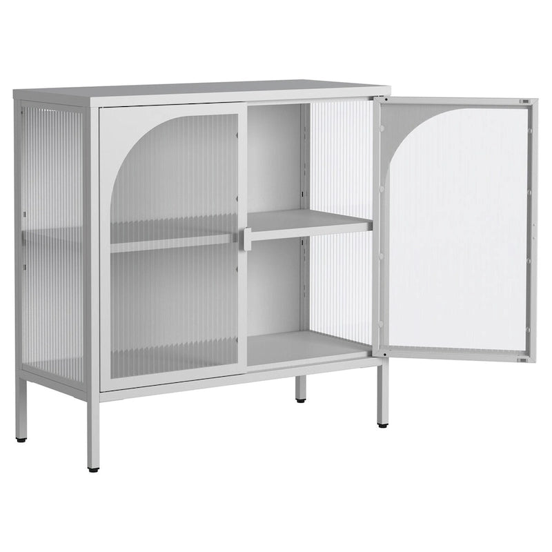 Madia in metallo, Credenza con 2 ante in vetro, Mobile bar con ripiani regolabili capacità 90 kg