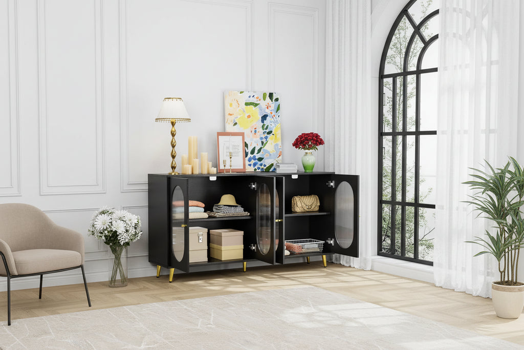 Credenza moderna minimalista in legno con 4 ante in acrilico e ripiani regolabili
