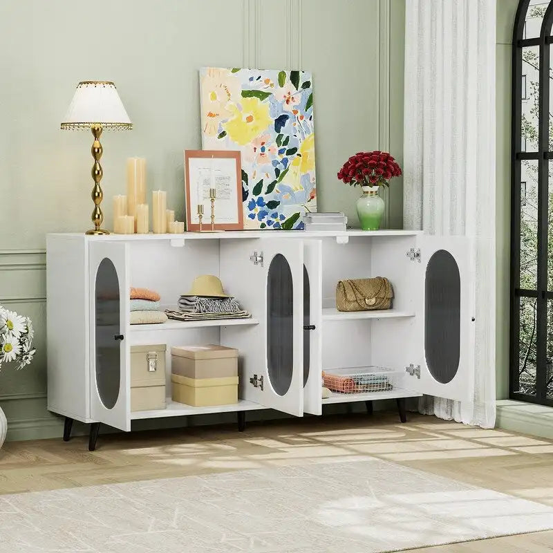 Credenza moderna minimalista in legno con 4 ante in acrilico e ripiani regolabili