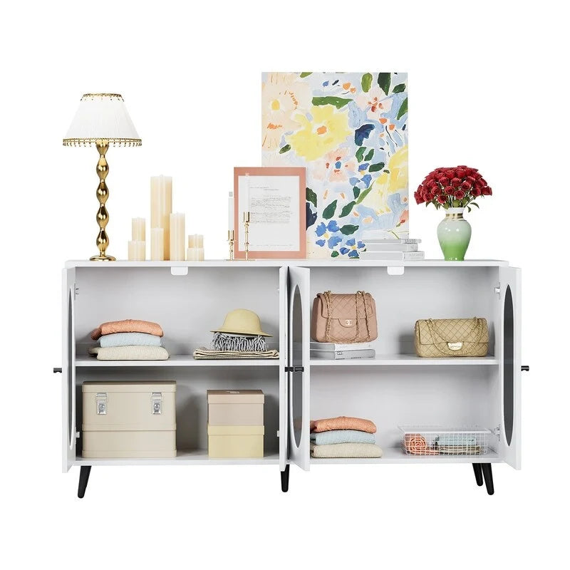 Credenza moderna minimalista in legno con 4 ante in acrilico e ripiani regolabili