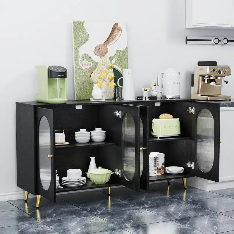 Credenza moderna minimalista in legno con 4 ante in acrilico e ripiani regolabili
