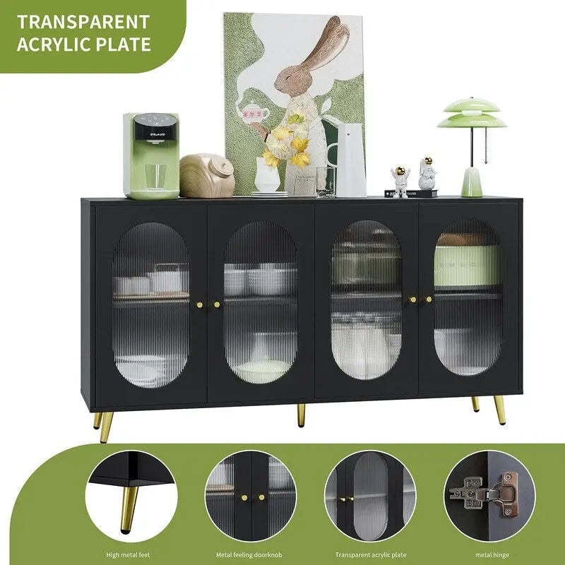 Credenza moderna minimalista in legno con 4 ante in acrilico e ripiani regolabili