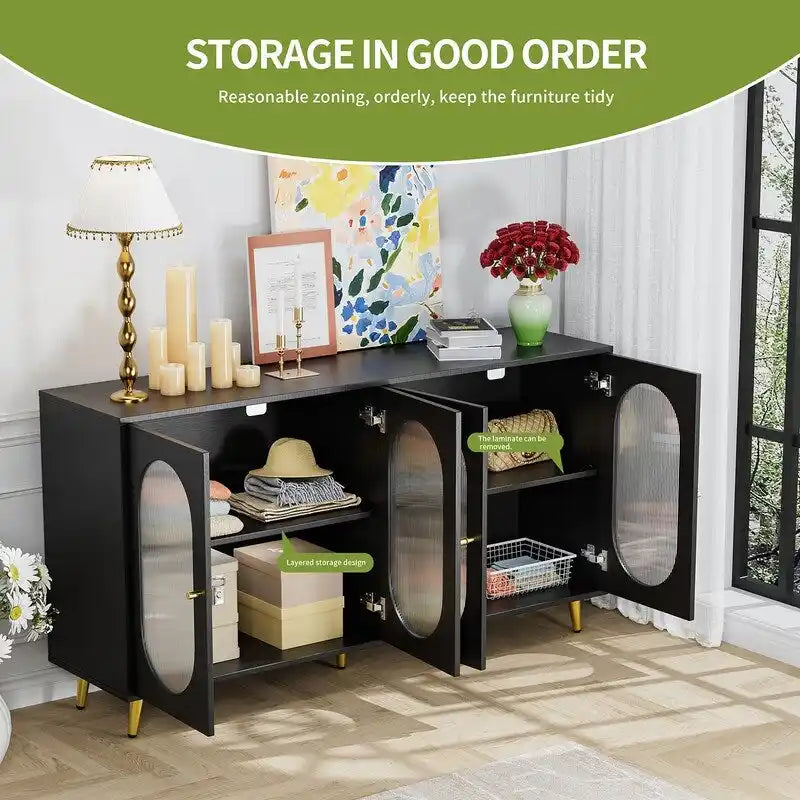 Credenza moderna minimalista in legno con 4 ante in acrilico e ripiani regolabili
