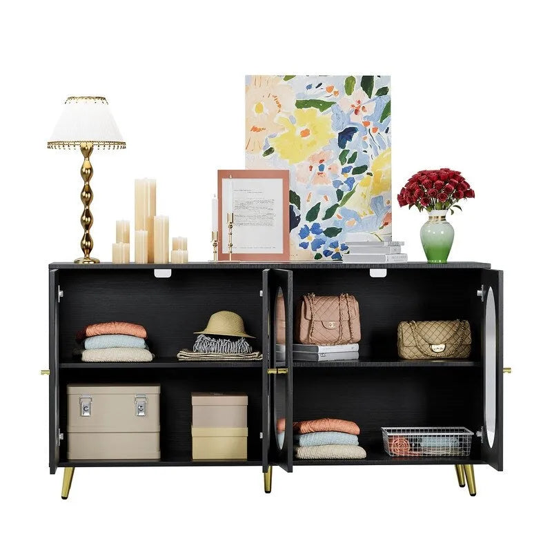 Credenza moderna minimalista in legno con 4 ante in acrilico e ripiani regolabili