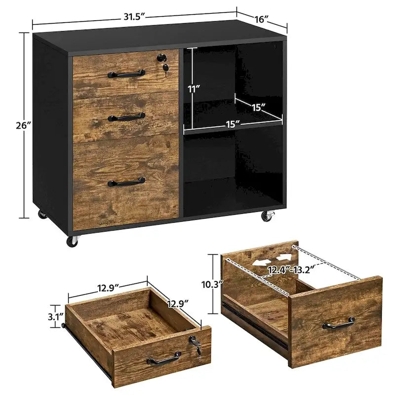 Classificatore Mobile con 3 Cassetti e 2 Ripiani - Stile Vintage