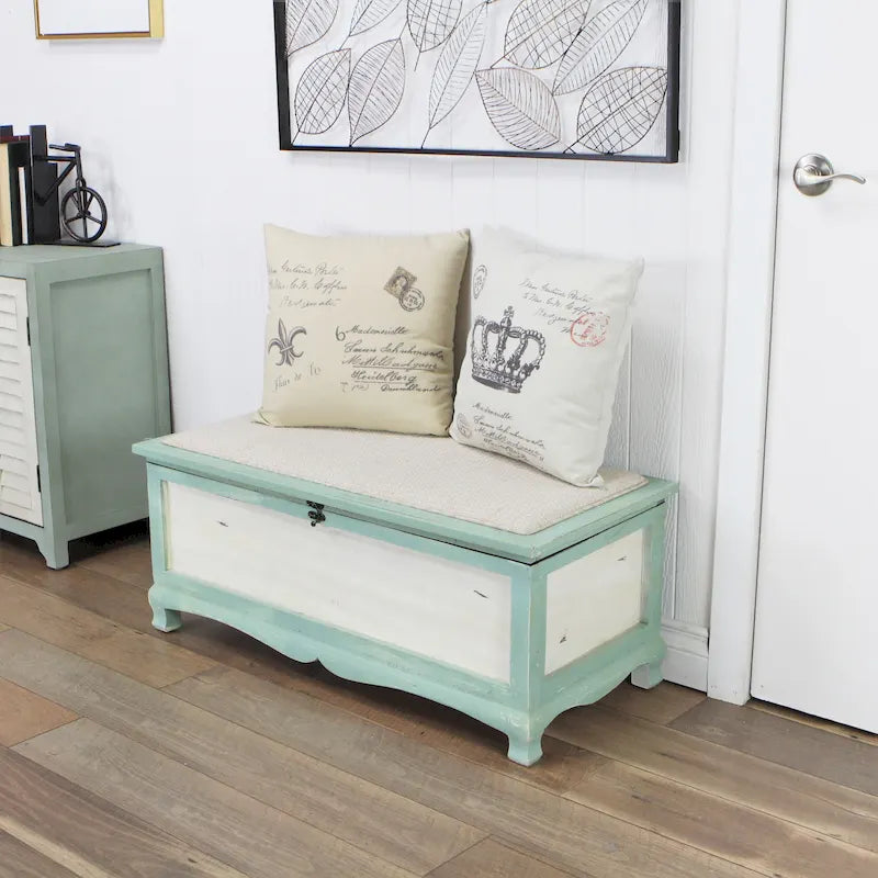 Panca cassapanca shabby in legno verde acqua con cuscino – L: 91,5 x P: 42 x H: 38 cm