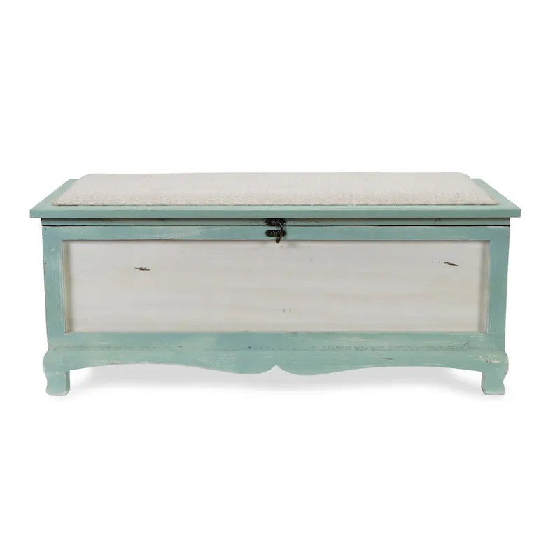 Panca cassapanca shabby in legno verde acqua con cuscino – L: 91,5 x P: 42 x H: 38 cm