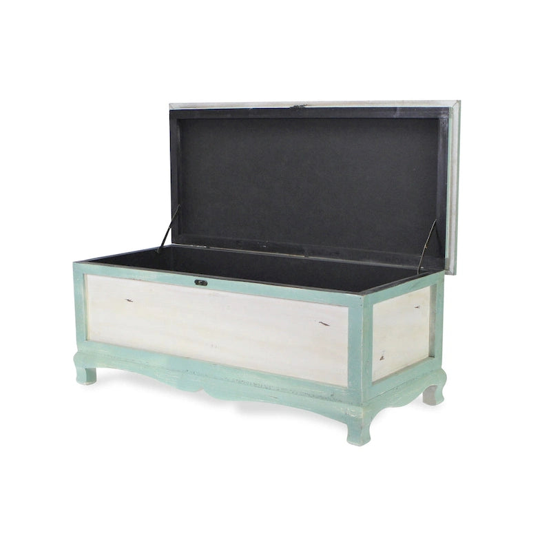 Panca cassapanca shabby in legno verde acqua con cuscino – L: 91,5 x P: 42 x H: 38 cm