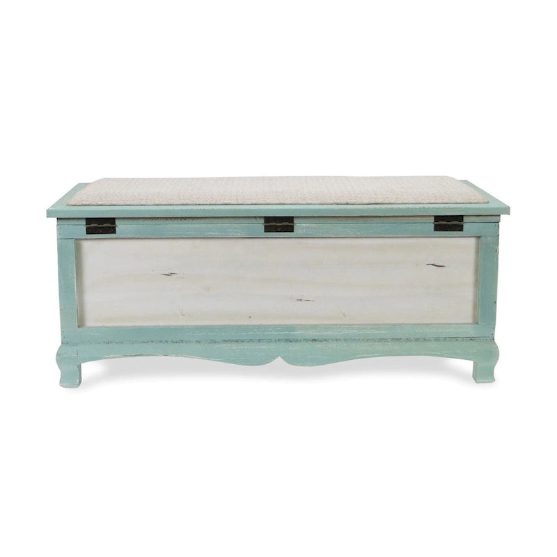 Panca cassapanca shabby in legno verde acqua con cuscino – L: 91,5 x P: 42 x H: 38 cm