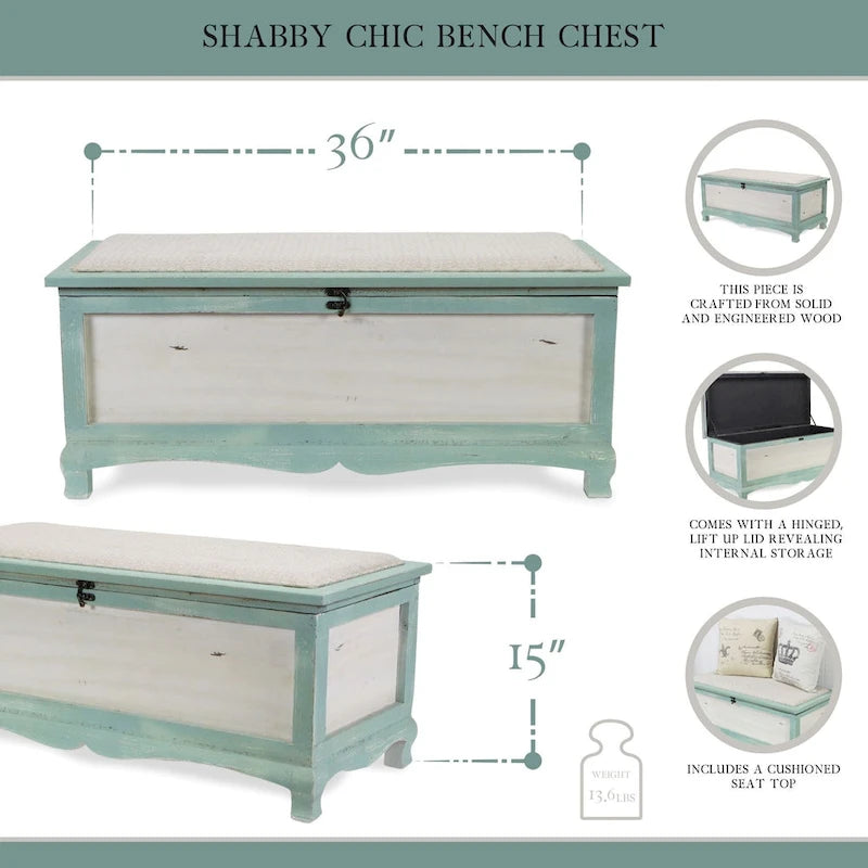 Panca cassapanca shabby in legno verde acqua con cuscino – L: 91,5 x P: 42 x H: 38 cm