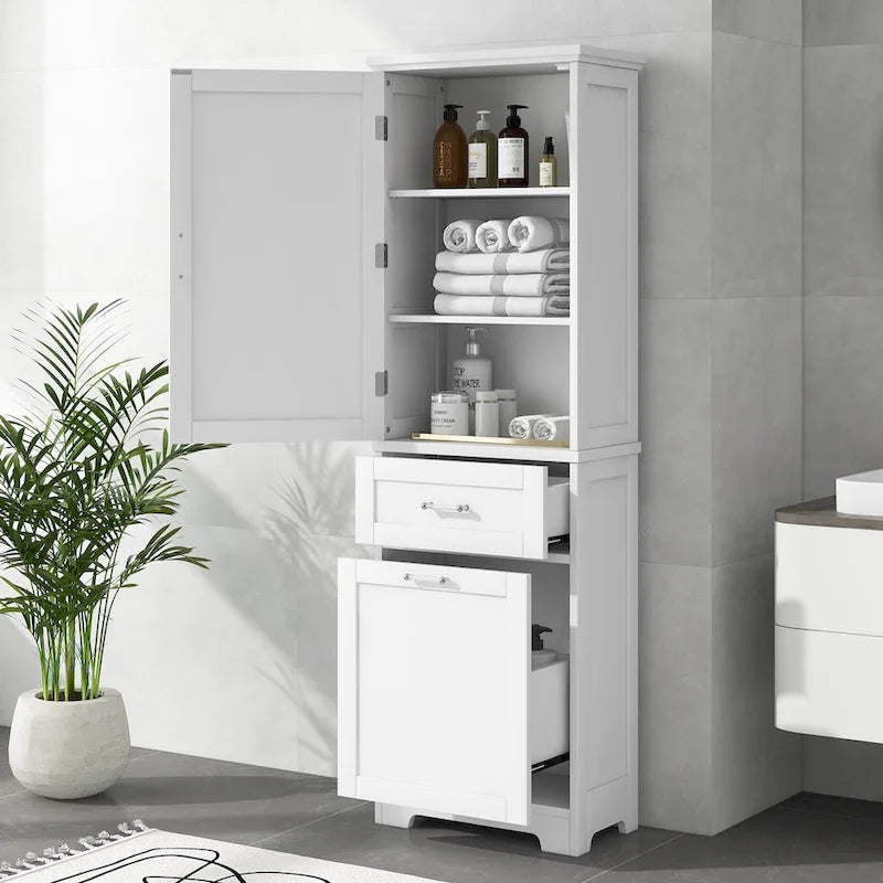 Mobile bagno alto 68 cm in legno bianco a 1 anta con cassetti e ripiano regolabile
