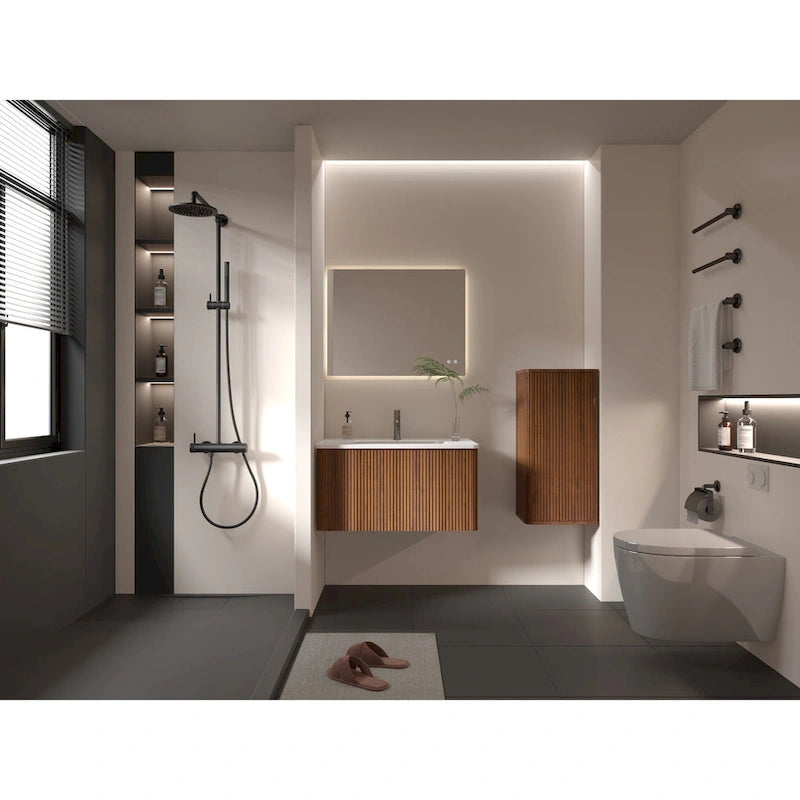 Mobiletto laterale sospeso da bagno in noce a strisce, Mobiletto contenitore a parete per piccoli spazi