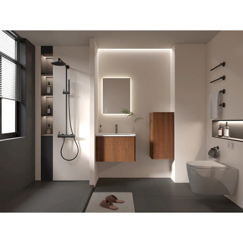 Mobiletto laterale sospeso da bagno in noce a strisce, Mobiletto contenitore a parete per piccoli spazi