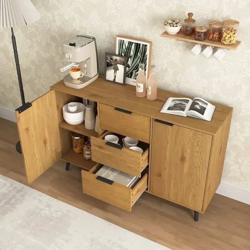 Madia Buffet, Mobile Bar Caffè, Mobiletto da 120 cm con 3 Cassetti e 2 Ante, Credenza da Cucina Naturale