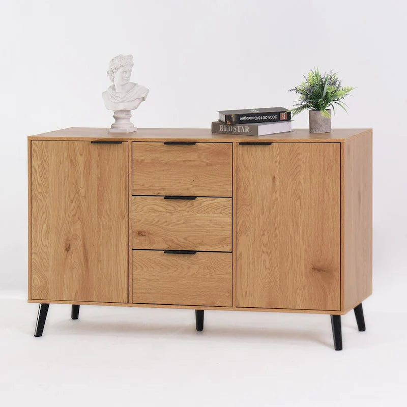 Madia Buffet, Mobile Bar Caffè, Mobiletto da 120 cm con 3 Cassetti e 2 Ante, Credenza da Cucina Naturale