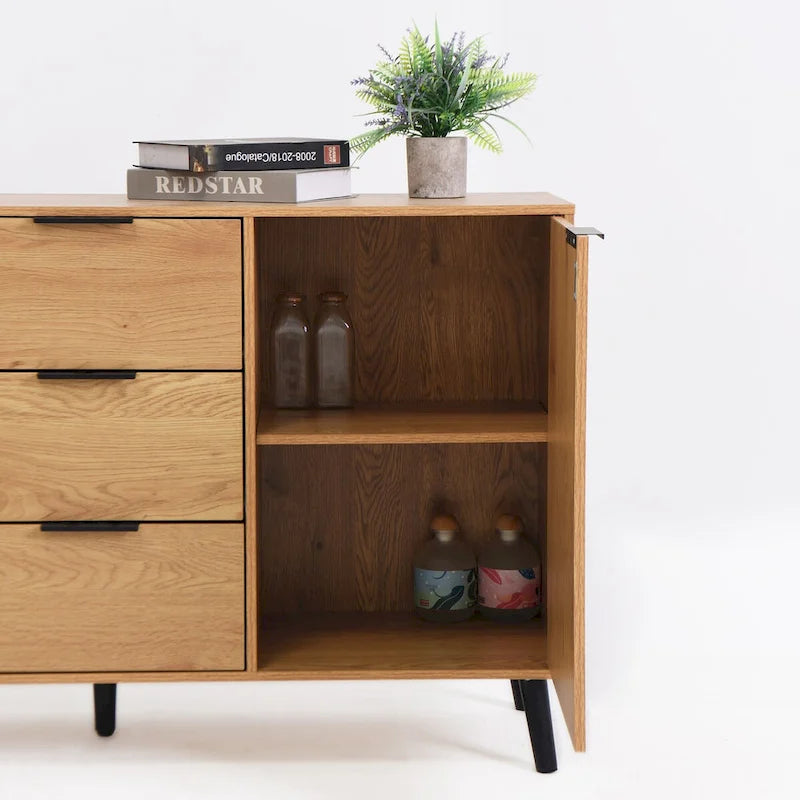 Madia Buffet, Mobile Bar Caffè, Mobiletto da 120 cm con 3 Cassetti e 2 Ante, Credenza da Cucina Naturale